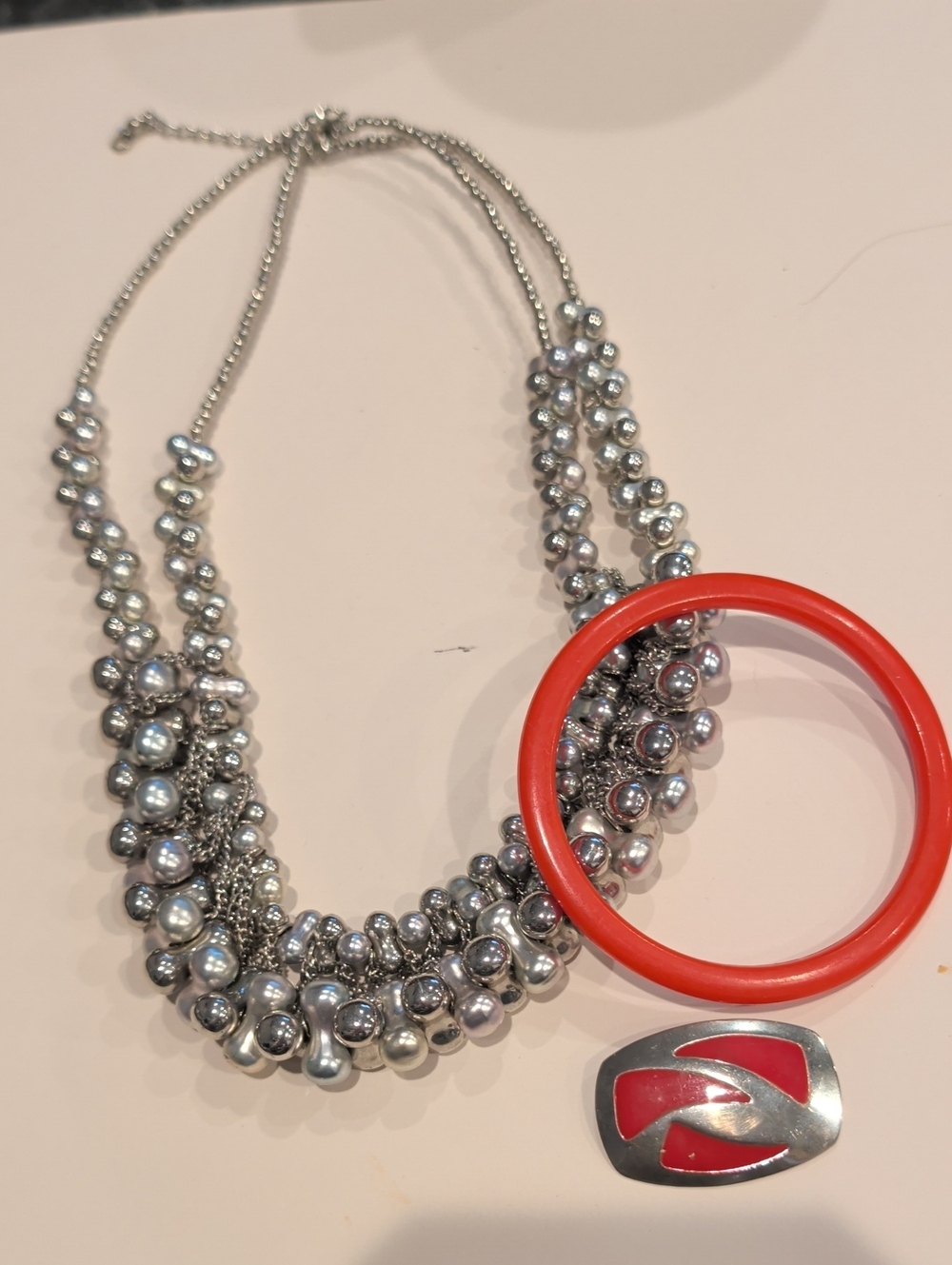 Silver Beaded Necklace with Red Vintage Plastic Bracelet & Metal Brooch